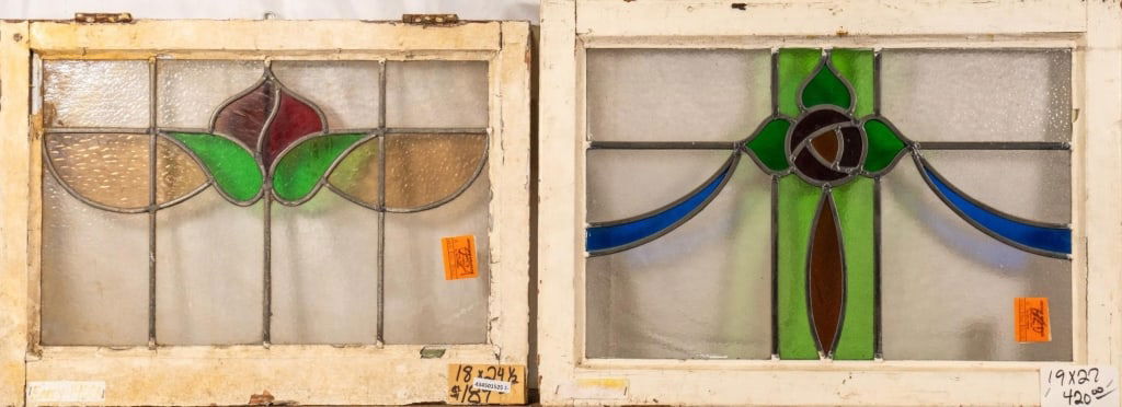 TWO FRENCH ART NOUVEAU STAINED GLASS PANELS: Two French Art Nouveau stained glass panels with floral medallions. Approximate dimensions: h. 19", w. 27" Disclaimer: This is an online court ordered bankruptcy sale. Participating bidders must have