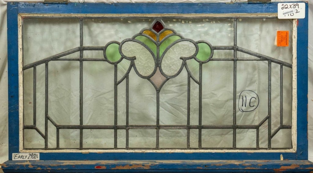 FRENCH ART NOUVEAU STAINED GLASS PANEL: French Art Nouveau stained glass panel. Approximate dimensions: h. 22", w. 39" Disclaimer: This is an online court ordered bankruptcy sale. Participating bidders must have a credit card on file with L