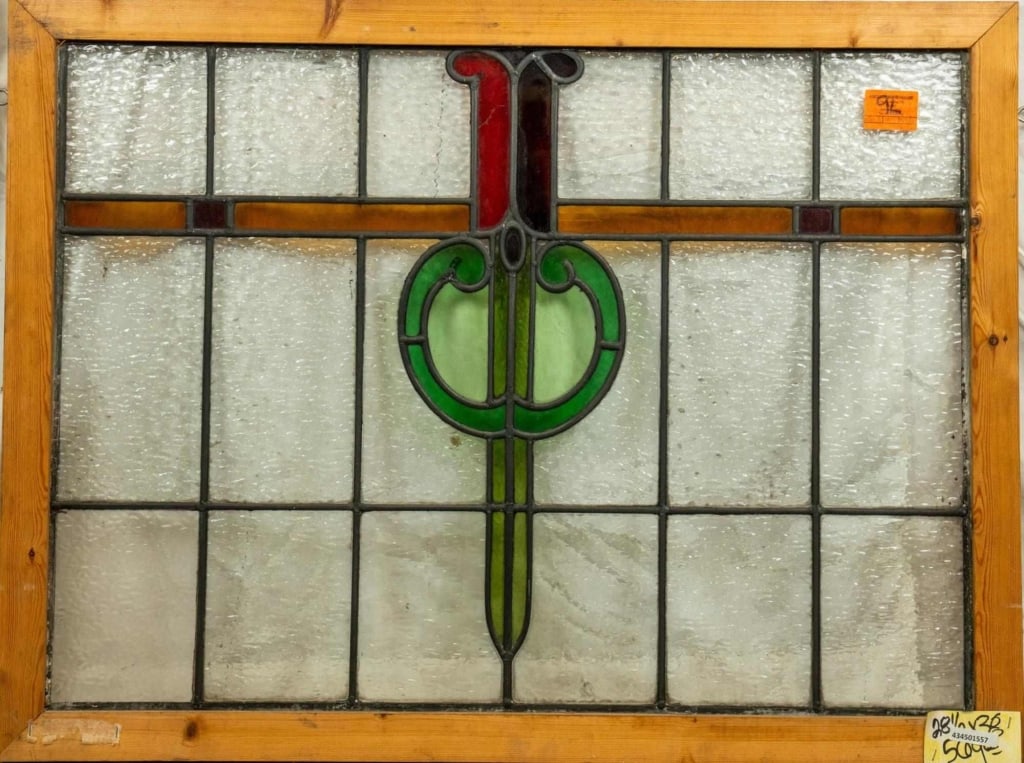 CONTINENTAL STAINED GLASS PANEL: Continental stained glass panel. Approximate dimensions: h. 28.5", w. 38" Disclaimer: This is an online court ordered bankruptcy sale. Participating bidders must have a credit card on file with Live A