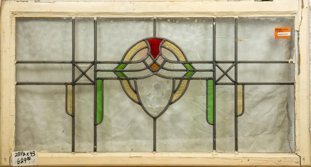 CONTINENTAL STAINED GLASS PANEL: Continental stained glass panel. Approximate dimensions: h. 23.5", w. 43" Disclaimer: This is an online court ordered bankruptcy sale. Participating bidders must have a credit card on file with Live A