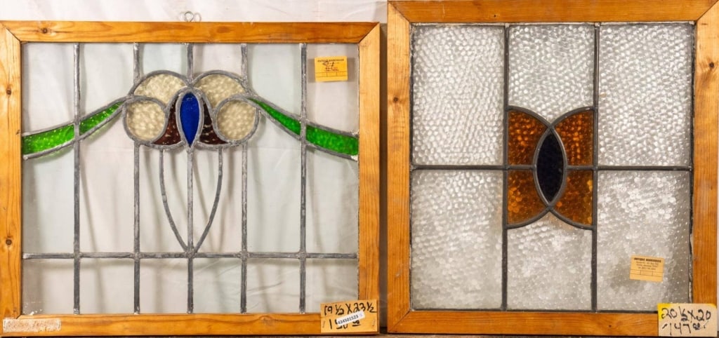 TWO FRENCH ART NOUVEAU STAINED GLASS PANELS: Two French Art Nouveau stained glass panels. Approximate dimensions: h. 19", w. 23.5" Disclaimer: This is an online court ordered bankruptcy sale. Participating bidders must have a credit card on file