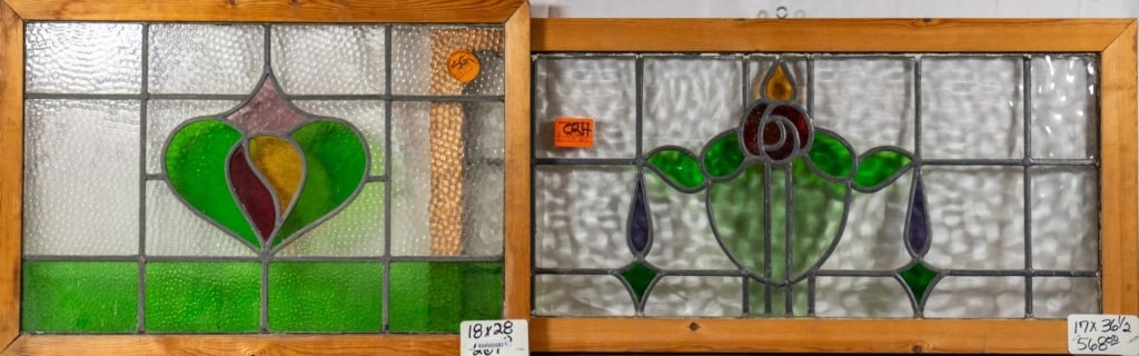 TWO FRENCH ART NOUVEAU STAINED GLASS PANELS: Two French Art Nouveau stained glass panels with floral motif. Approximate dimensions: h. 18", w. 28" Disclaimer: This is an online court ordered bankruptcy sale. Participating bidders must have a cre