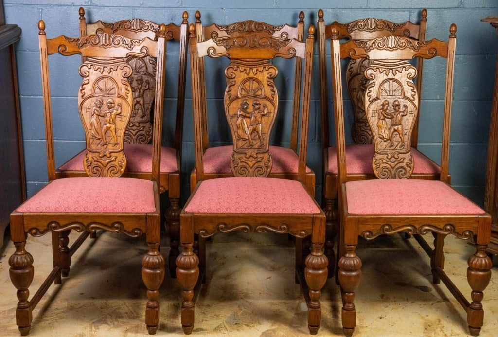 SET OF 6 FRENCH RENAISSANCE REVIVAL CHAIRS: Set of 6 French Renaissance Revival chairs with figural carved backs, acorn finials, and carved legs. Approximate dimensions: h. 39", w. 22", d. 20" Disclaimer: This is an online court ordered bankrup