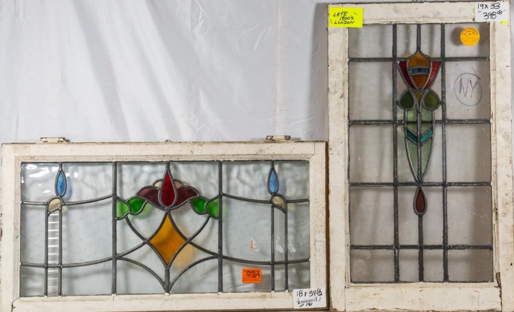 TWO ANTIQUE CONTINENTAL STAINED GLASS PANELS: Two antique Continental stained glass panels. Approximate dimensions: h. 18", w. 34.5" Disclaimer: This is an online court ordered bankruptcy sale. Participating bidders must have a credit card on fil