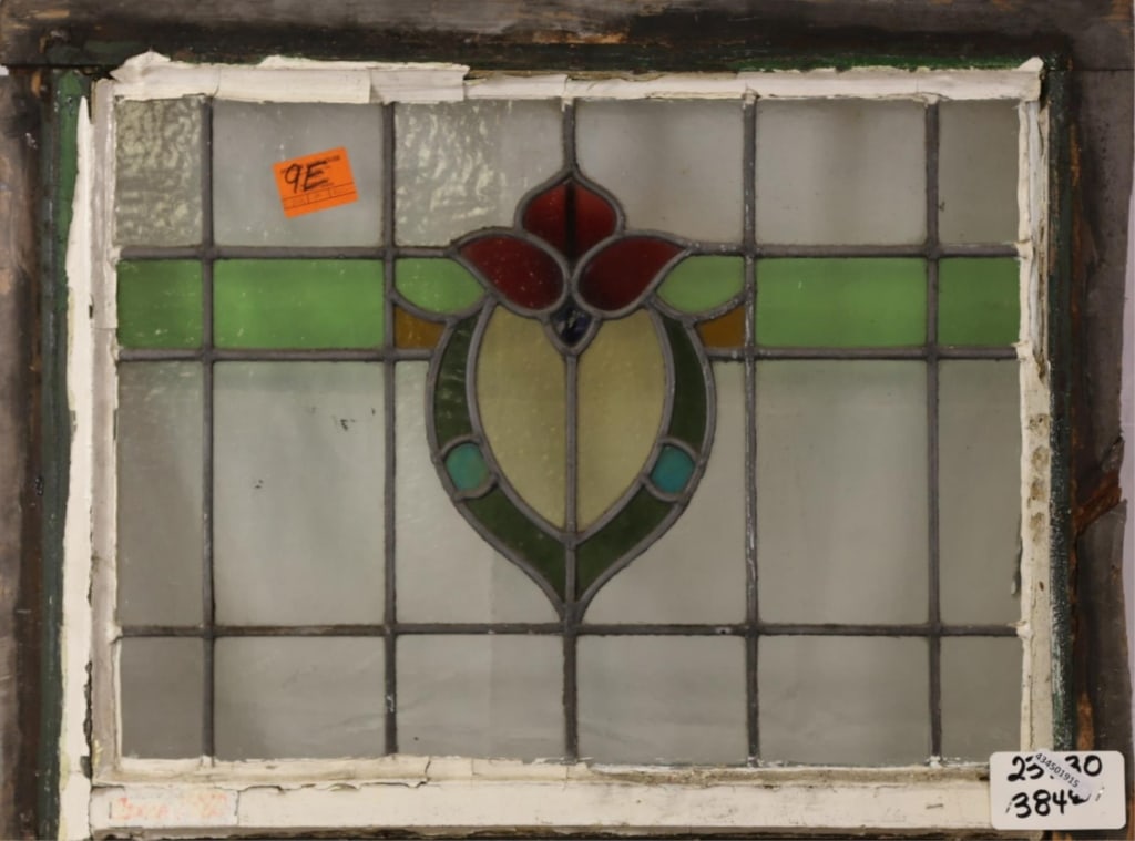 FRENCH ART NOUVEAU STAINED GLASS PANEL: French Art Nouveau stained glass panel with central floral medallion and red flower. Approximate dimensions: h. 23", w. 30" Disclaimer: This is an online court ordered bankruptcy sale. Participating b