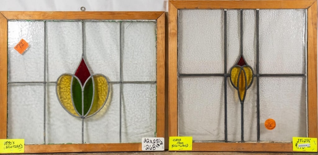 TWO ANTIQUE CONTINENTAL STAINED GLASS PANELS: Two antique Continental stained glass panels. Approximate dimensions: h. 23", w. 23.5" Disclaimer: This is an online court ordered bankruptcy sale. Participating bidders must have a credit card on fil