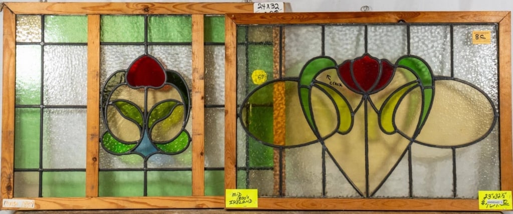 TWO FRENCH ART NOUVEAU STAINED GLASS PANELS: Two French Art Nouveau stained glass panels with floral medallions. Approximate dimensions: h. 24", w. 32" Disclaimer: This is an online court ordered bankruptcy sale. Participating bidders must have
