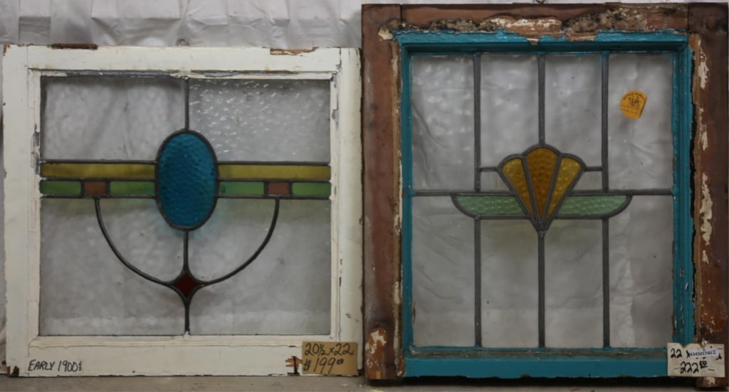 TWO ANTIQUE CONTINENTAL ART DECO GLASS PANELS: Two antique Continental Art Deco glass panels with geometric medallions. Approximate dimensions: h. 20.5", w. 22" Disclaimer: This is an online court ordered bankruptcy sale. Participating bidders mus