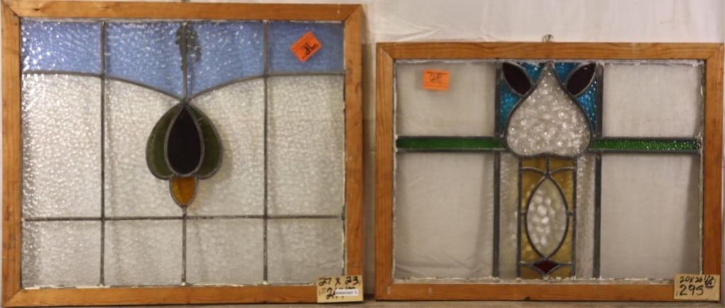 TWO ANTIQUE CONTINENTAL STAINED GLASS PANELS: Two antique Continental stained glass panels, one with elaborately textured panels. Approximate dimensions: h. 23", w. 27" Disclaimer: This is an online court ordered bankruptcy sale. Participating bi