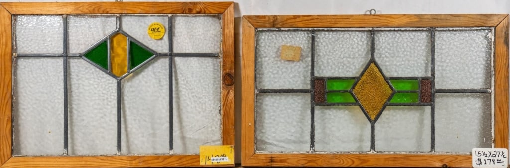 TWO CONTINENTAL ART DECO STAINED GLASS PANELS: Two Continental Art Deco stained glass panels with multicolored geometric medallions. Approximate dimensions: h. 15.5", w. 27" Disclaimer: This is an online court ordered bankruptcy sale. Participatin