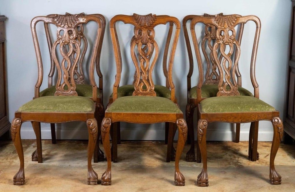 SET OF 6 19TH C. ENGLISH CHIPPENDALE STYLE OAK CHA (1 of 4)