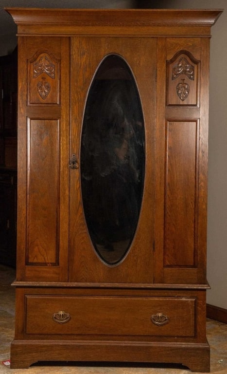 FRENCH OAK BEVELED MIRROR ARMOIRE (1 of 5)
