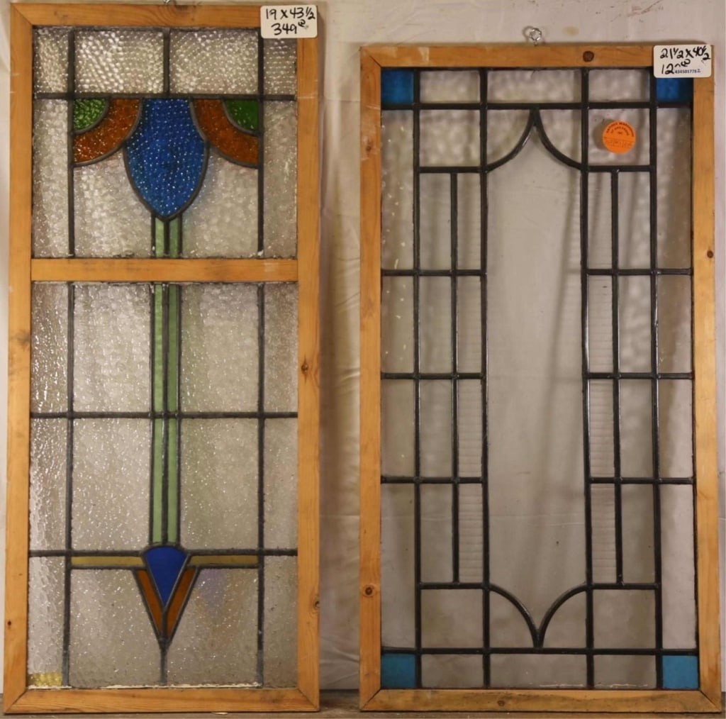 ANTIQUE CONTINENTAL STAINED GLASS PANEL: Antique Continental stained glass panel with blue textured accents and blue square accents. Approximate dimensions: h. 43.5", w. 19" Disclaimer: This is an online court ordered bankruptcy sale. Partic