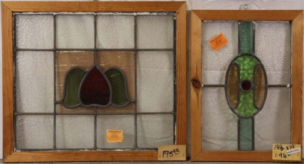 TWO ANTIQUE CONTINENTAL STAINED GLASS PANELS: Two antique Continental stained glass panels, one with floral medallion and the other with oval medallion. Approximate dimensions: h. 23", w. 25" Disclaimer: This is an online court ordered bankruptcy