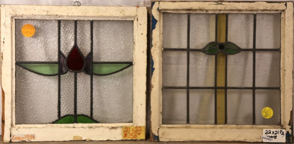 TWO ANTIQUE CONTINENTAL STAINED GLASS PANELS: Two antique Continental stained glass panels. Approximate dimensions: h. 22", w. 21.5" Disclaimer: This is an online court ordered bankruptcy sale. Participating bidders must have a credit card on fil