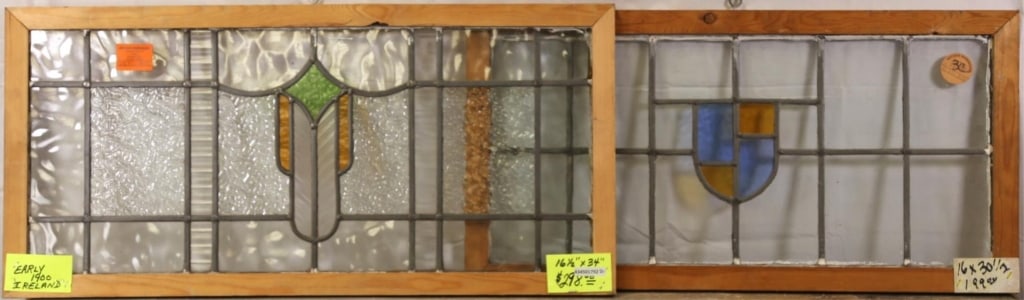 TWO ANTIQUE IRISH STAINED GLASS PANELS: Two antique Irish stained glass panels. Approximate dimensions: h. 16.5", w. 34" Disclaimer: This is an online court ordered bankruptcy sale. Participating bidders must have a credit card on file with
