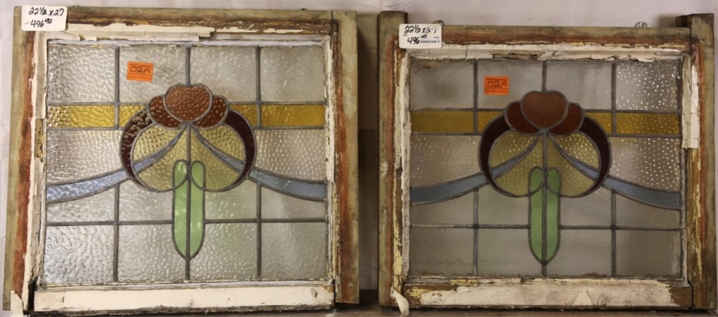 PAIR OF FRENCH ART NOUVEAU STAINED GLASS PANELS (1 of 3)