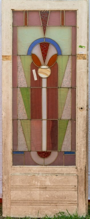 AMERICAN ART DECO STAINED GLASS DOOR: American Art Deco stained glass door. Approximate dimensions: h. 31.5", w. 81" Disclaimer: This is an online court ordered bankruptcy sale. Participating bidders must have a credit card on file with L