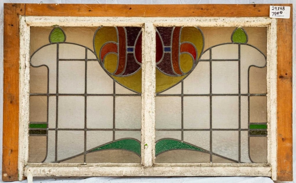FRENCH ART NOUVEAU STAINED GLASS DOUBLE PANEL (1 of 4)