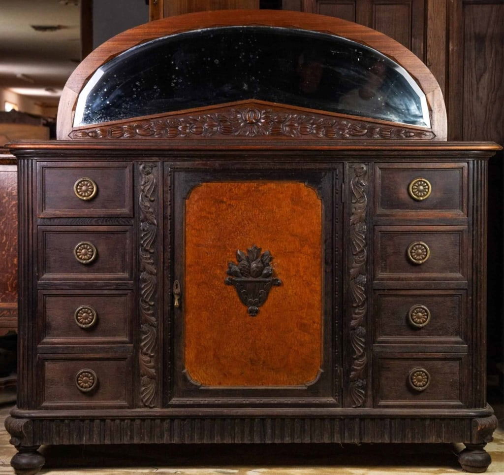 FRENCH CARVED OAK AND BURL WALNUT SERVER (1 of 4)
