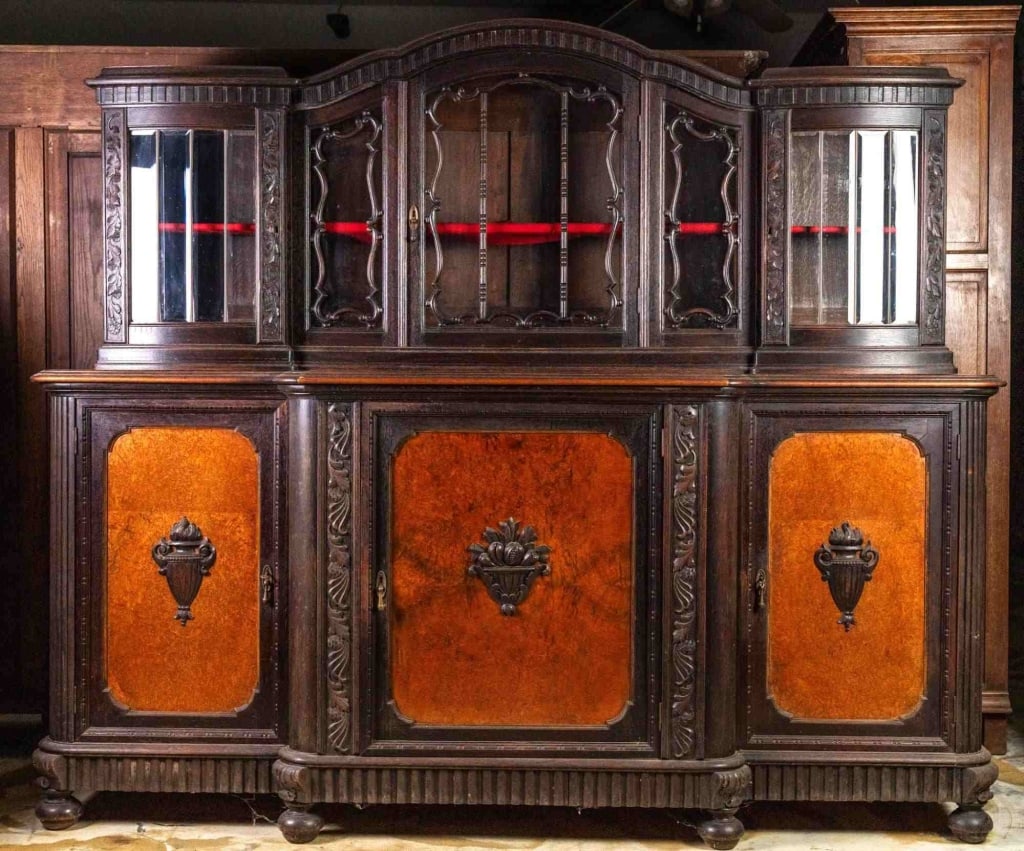 FRENCH CARVED OAK AND BURL WALNUT VITRINE BUFFET (1 of 4)