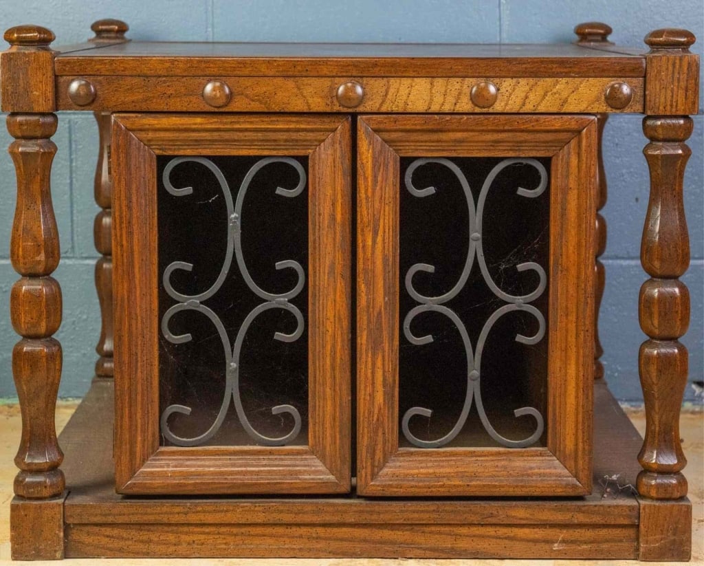 MID-CENTURY MODERN OAK & IRON DECORATED SIDE TABLE (1 of 4)