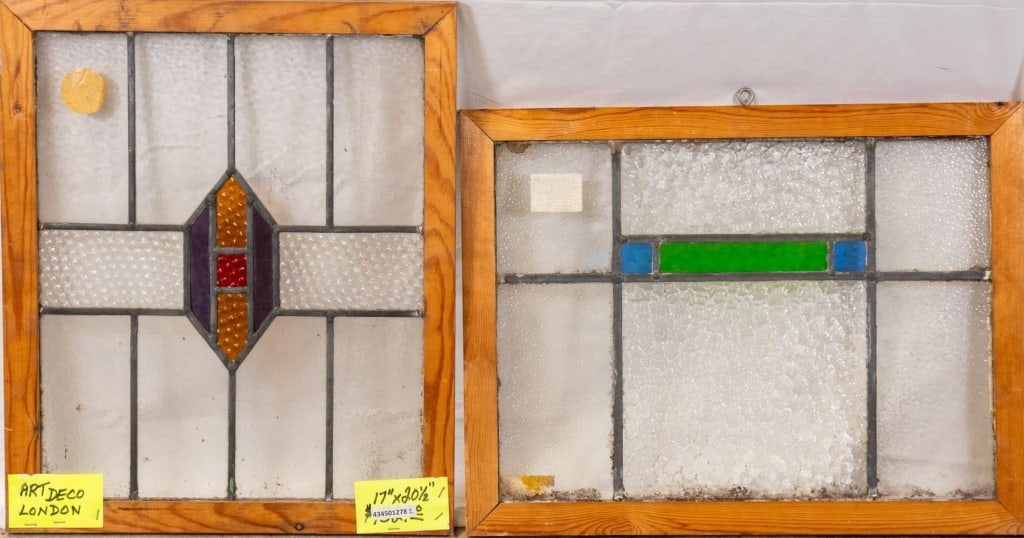 TWO ENGLISH ART DECO STAINED GLASS PANELS: Two English Art Deco stained glass panels with geometric elements. Approximate dimensions: h. 20.5", w. 17" Disclaimer: This is an online court ordered bankruptcy sale. Participating bidders must have