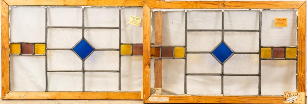 PAIR OF ENGLISH ART DECO STAINED GLASS PANELS: Pair of English Art Deco stained glass panels. Approximate dimensions: h. 17.5", w. 27" Disclaimer: This is an online court ordered bankruptcy sale. Participating bidders must have a credit card on fi