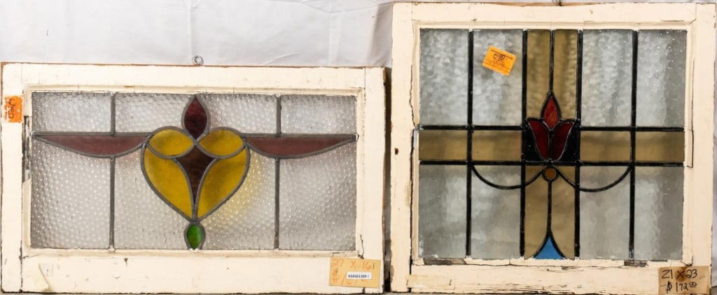 TWO FRENCH ART NOUVEAU STAINED GLASS PANELS: Two French Art Nouveau stained glass panels. Approximate dimensions: h. 21", w. 23" Disclaimer: This is an online court ordered bankruptcy sale. Participating bidders must have a credit card on file w