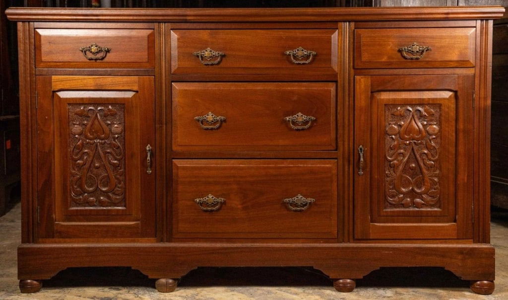 FRENCH WALNUT BUFFFET: French walnut buffet with inset carved panels and bun feet. Approximate dimensions: h. 36", w. 60", d. 20" Disclaimer: This is an online court ordered bankruptcy sale. Participating bidders must have