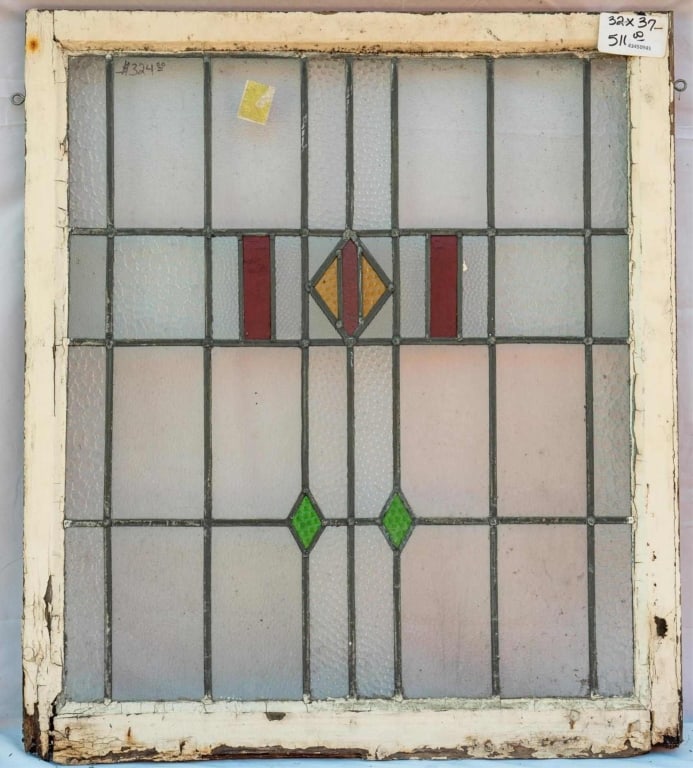 FRENCH ART NOUVEAU STAINED GLASS PANEL: French Art Nouveau stained glass panel with colorless textured leaded glass panels. Approximate dimensions: h. 37", w. 32" Disclaimer: This is an online court ordered bankruptcy sale. Participating bi