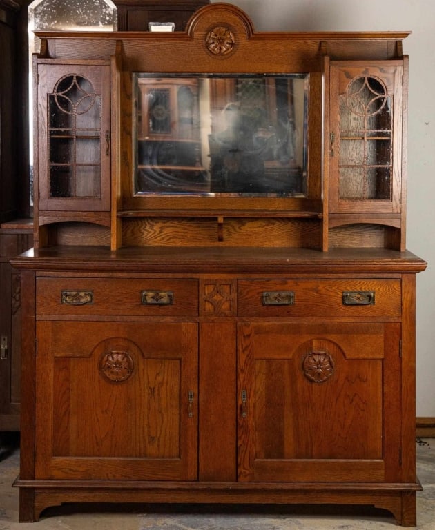 IRISH OAK MIRRORED BACK VITRINE BUFFET (1 of 5)