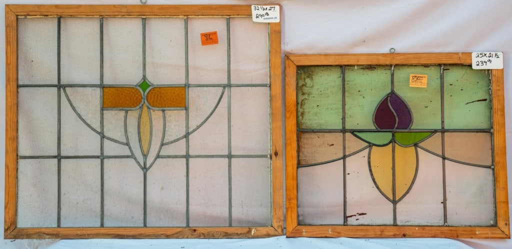 TWO CONTINENTAL STAINED GLASS PANELS: Two Continental stained glass panels. Approximate dimensions: h. 27", w. 32.5" Disclaimer: This is an online court ordered bankruptcy sale. Participating bidders must have a credit card on file with L