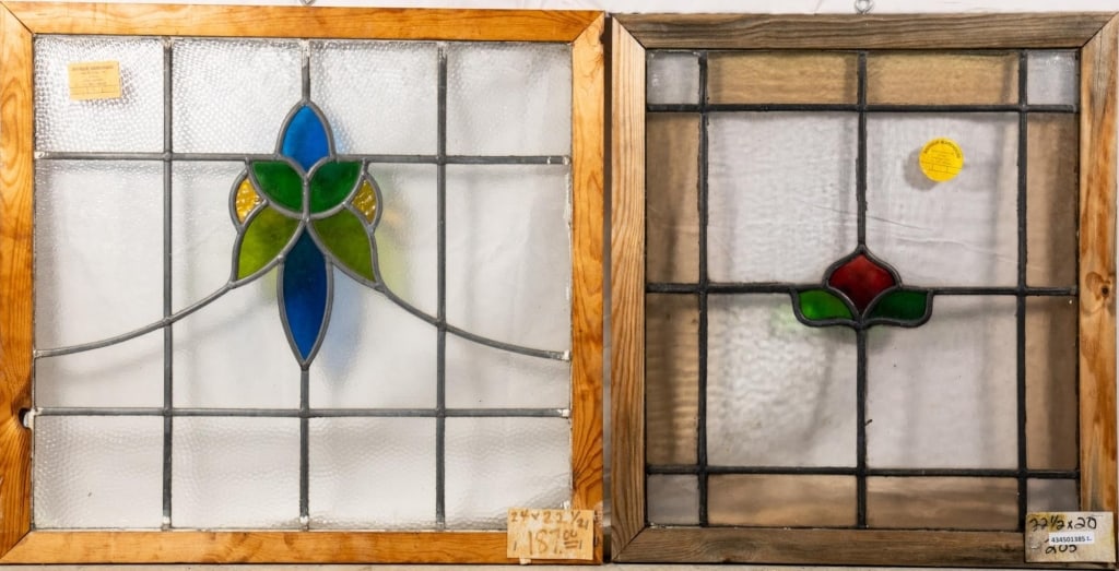 TWO FRENCH ART NOUVEAU STAINED GLASS PANELS: Two French Art Nouveau stained glass panels with floral medallions. Approximate dimensions: h. 22.5", w. 24" Disclaimer: This is an online court ordered bankruptcy sale. Participating bidders must hav