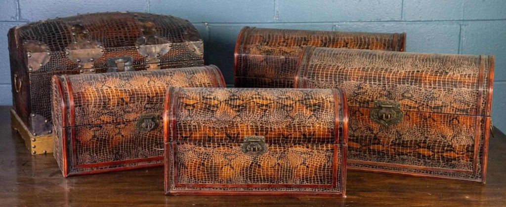 5 ENGLISH STYLE FAUX REPTILE TRUNKS: Five English Style faux reptile trunks, including four faux snake and one faux alligator. Approximate dimensions: largest: h. 12", w. 19", d. 11.5" Disclaimer: This is an online court ordered bankrupt