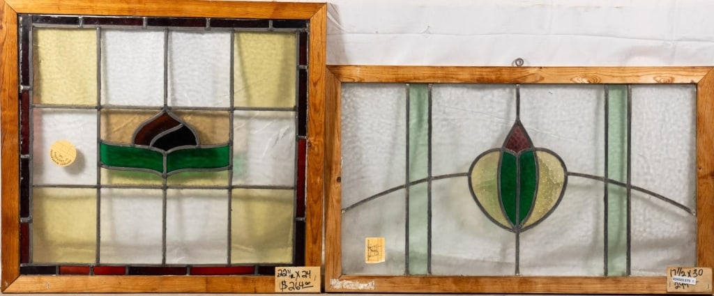 TWO CONTINENTAL STAINED GLASS PANELS: Two Continental stained glass panels. Approximate dimensions: h. 24", w. 22" Disclaimer: This is an online court ordered bankruptcy sale. Participating bidders must have a credit card on file with Liv