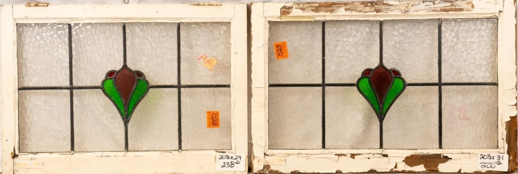 TWO FRENCH ART NOUVEAU STAINED GLASS PANELS: Two French Art Nouveau stained glass panels with floral medallions. Approximate dimensions: h. 20.5", w. 29" Disclaimer: This is an online court ordered bankruptcy sale. Participating bidders must hav