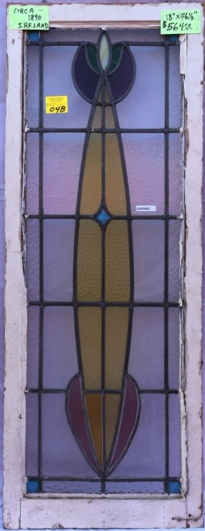 ANTIQUE STAINED GLASS WINDOW: Antique stained glass window. Approximate dimensions: h. 46.5", w. 18" Disclaimer: This is an online court ordered bankruptcy sale. Participating bidders must have a credit card on file with Live Auct