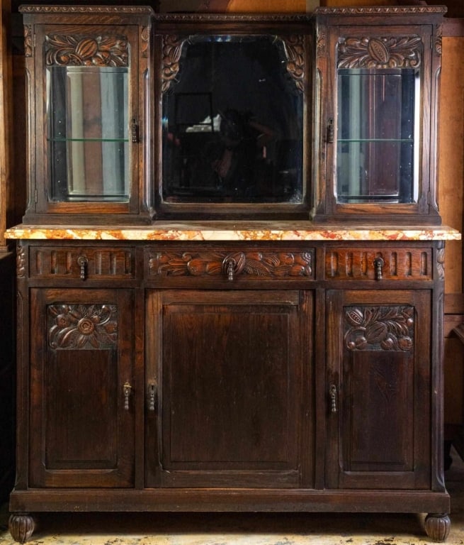 FRENCH ART NOUVEAU MARBLE TOP VITRINE BUFFET (1 of 5)