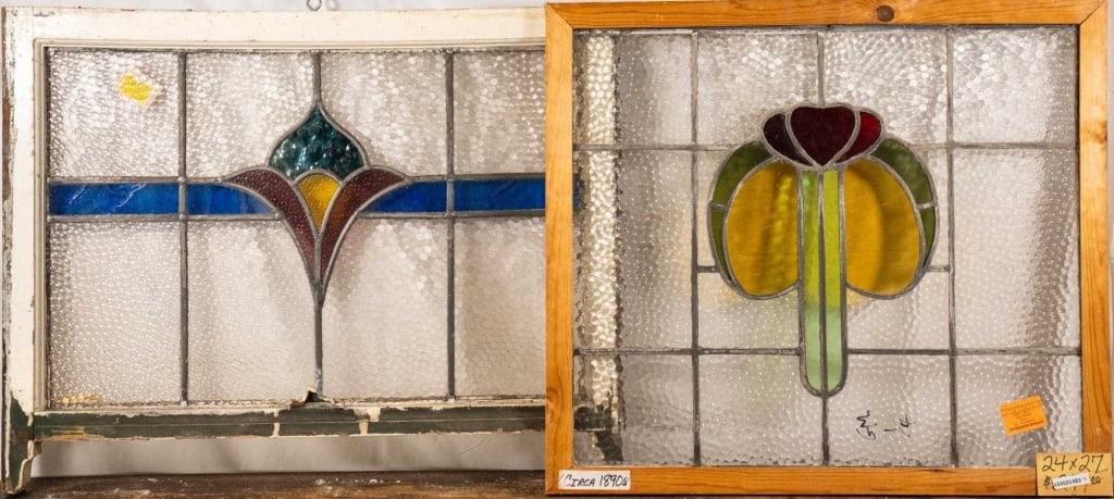 TWO CONTINENTAL STAINED GLASS PANELS: Two Continental stained glass panels with multicolored glass accents. Approximate dimensions: h. 24", w. 27" Disclaimer: This is an online court ordered bankruptcy sale. Participating bidders must hav