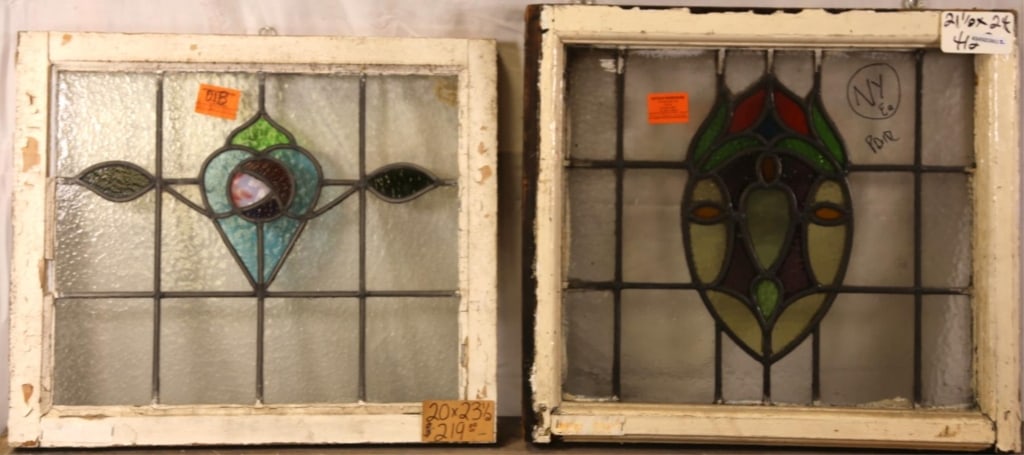 TWO FRENCH ART NOUVEAU STAINED GLASS PANELS: Two French Art Nouveau stained glass panels with floral medallions. Approximate dimensions: h. 21", w. 24" Disclaimer: This is an online court ordered bankruptcy sale. Participating bidders must have