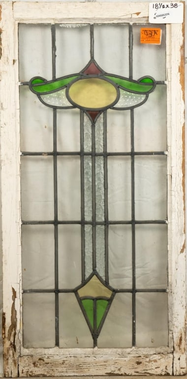 CONTINENTAL ART NOUVEAU STAINED GLASS PANEL: Continental Art Nouveau stained glass panel. Approximate dimensions: h. 38", w. 18.5" Disclaimer: This is an online court ordered bankruptcy sale. Participating bidders must have a credit card on file