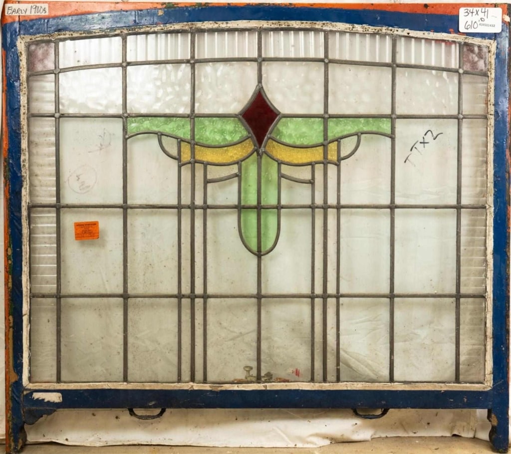 FRENCH ART NOUVEAU STAINED GLASS PANEL: French Art Nouveau stained glass panel. Approximate dimensions: h. 34", w. 41" Disclaimer: This is an online court ordered bankruptcy sale. Participating bidders must have a credit card on file with L