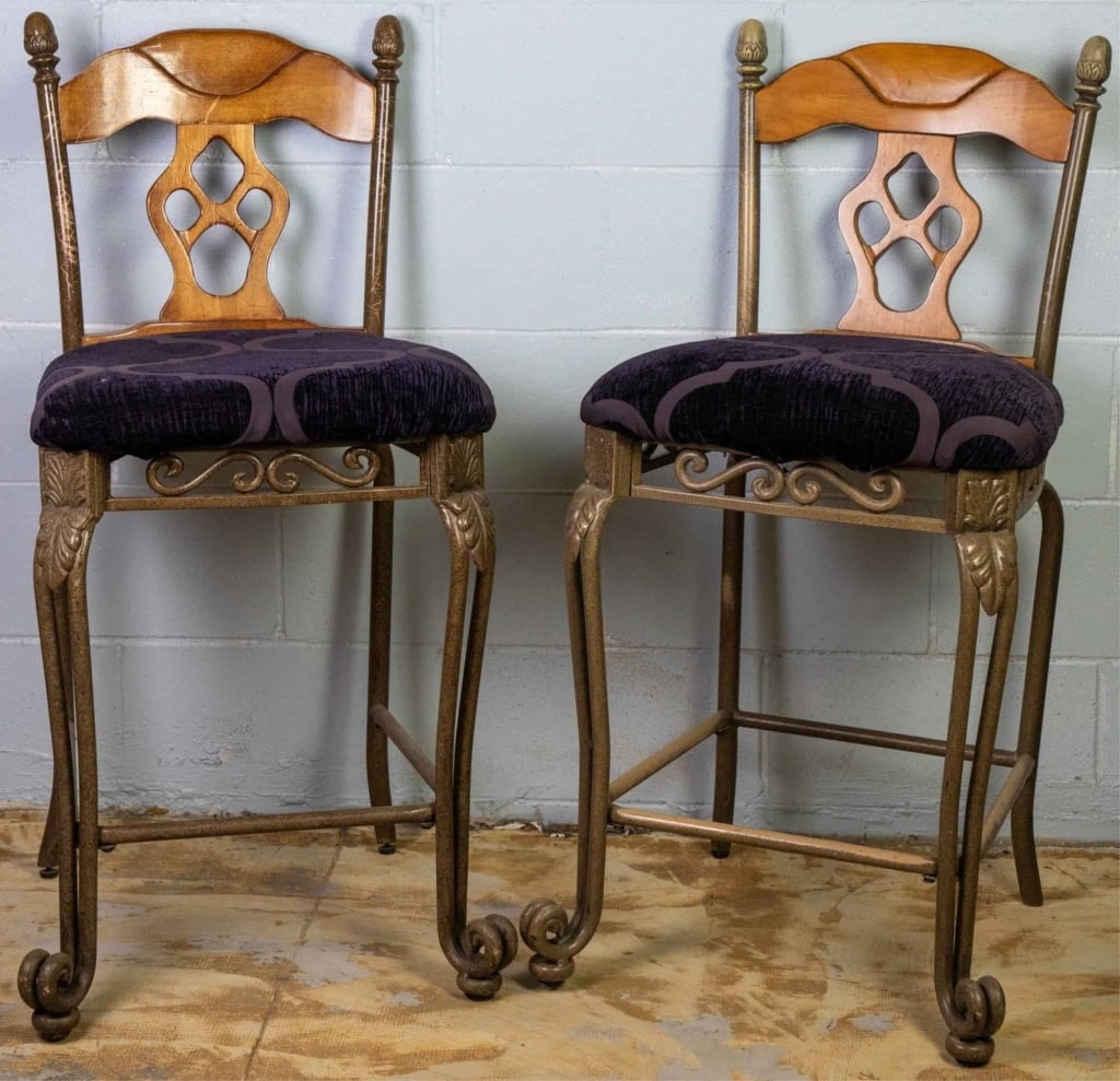 PAIR OF MODERN MAHOGANY AND IRON BARSTOOLS (1 of 4)