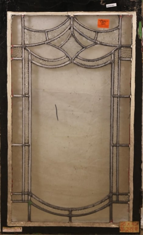 ANTIQUE CONTINENTAL LEADED GLASS PANEL: Antique Continental leaded glass panel with textured colorless leaded glass panels. Approximate dimensions: h. 42", w. 25" Disclaimer: This is an online court ordered bankruptcy sale. Participating bi