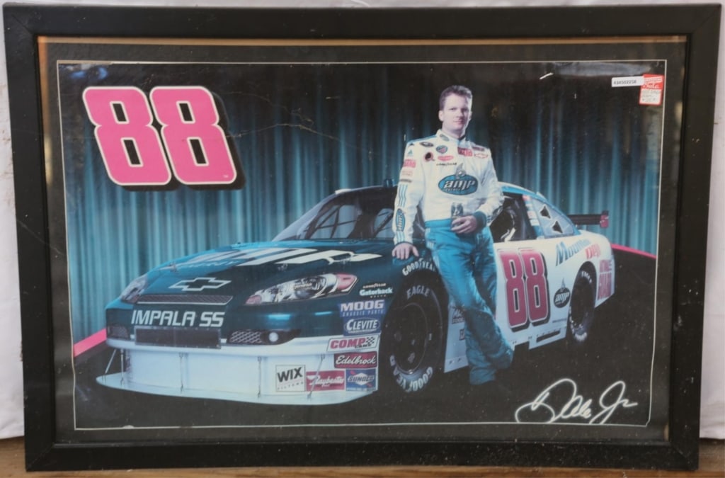 DALE EARNHARDT SIGNED POSTER: Dale Earnhardt poster, signed to lower right. Approximate dimensions: h. 27", w. 39" Disclaimer: This is an online court ordered bankruptcy sale. Participating bidders must have a credit card on file
