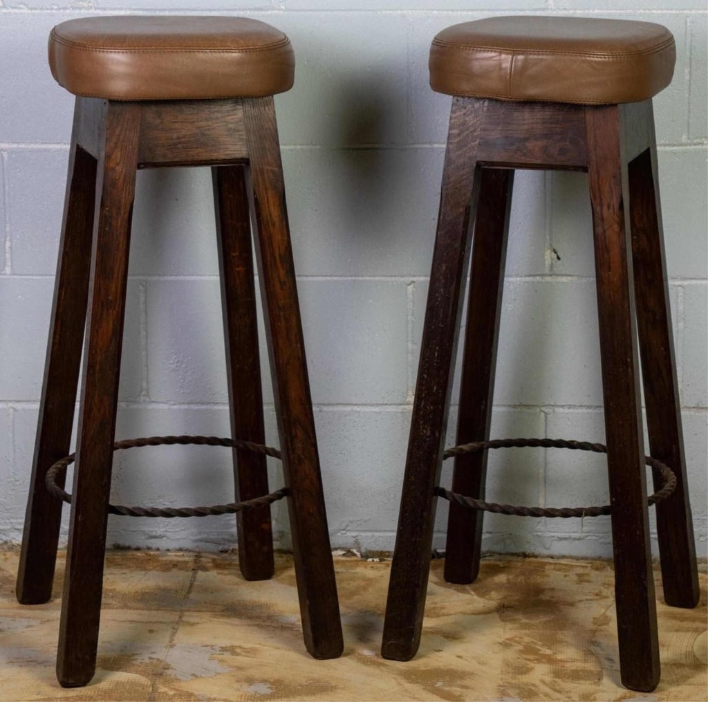 PAIR OF ENGLISH OAK AND IRONWORK BARSTOOLS (1 of 3)