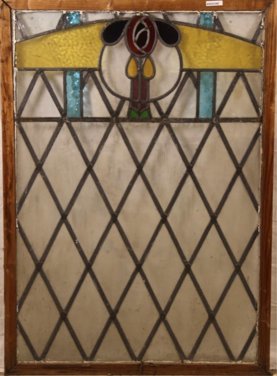 FRENCH ART NOUVEAU STAINED GLASS PANEL: French Art Nouveau stained glass panel with floral medallion and blue and amber accents. Approximate dimensions: h. 41", w. 29.5" Disclaimer: This is an online court ordered bankruptcy sale. Participa