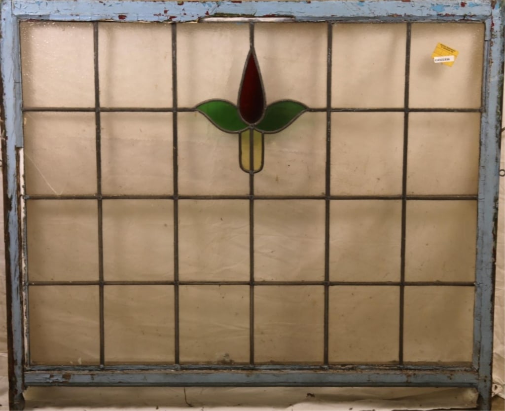 ANTIQUE CONTINENTAL STAINED GLASS PANEL: Antique Continental stained glass panel with floral medallion and colorless leaded glass panels. Approximate dimensions: h. 38", w. 44" Disclaimer: This is an online court ordered bankruptcy sale. Par