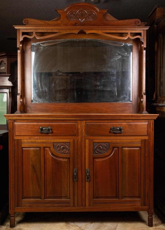 FRENCH ART NOUVEAU MIRRORED BACK WASHSTAND: French Art Nouveau washstand with beveled mirror. Approximate dimensions: h. 76", w. 48", d. 20.25" Disclaimer: This is an online court ordered bankruptcy sale. Participating bidders must have a credi
